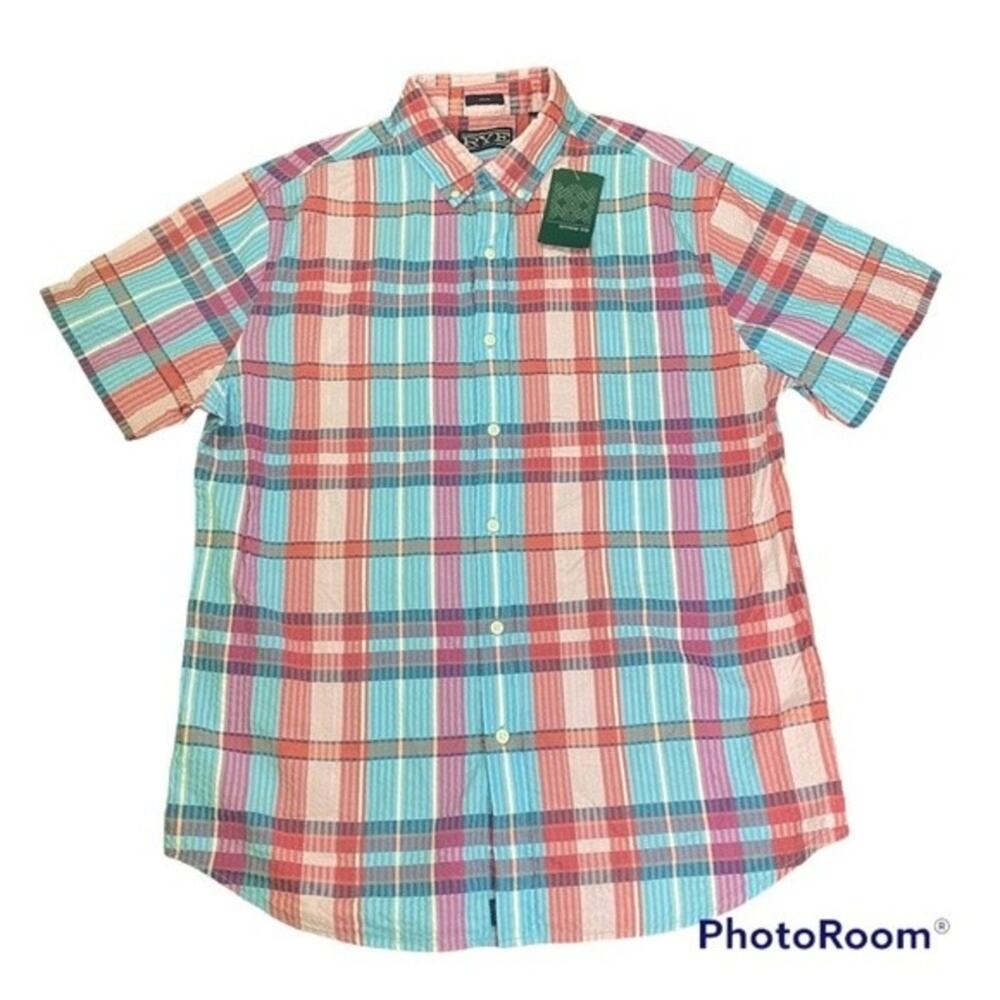 Rye Auburndale Seersucker Plaid Short Sleeve Button Up Shirt Large